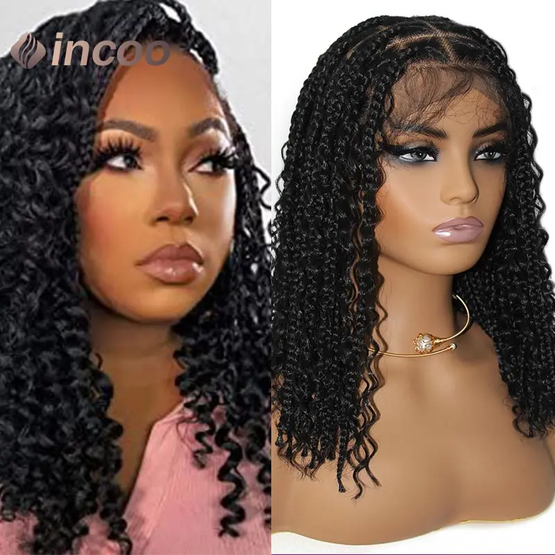 

12 Inch Synthetic 360 Full Lace Frontal Braided Wigs Goddess Boho Short Bob Wigs For Black Women Knotless Square Box Braids Wigs