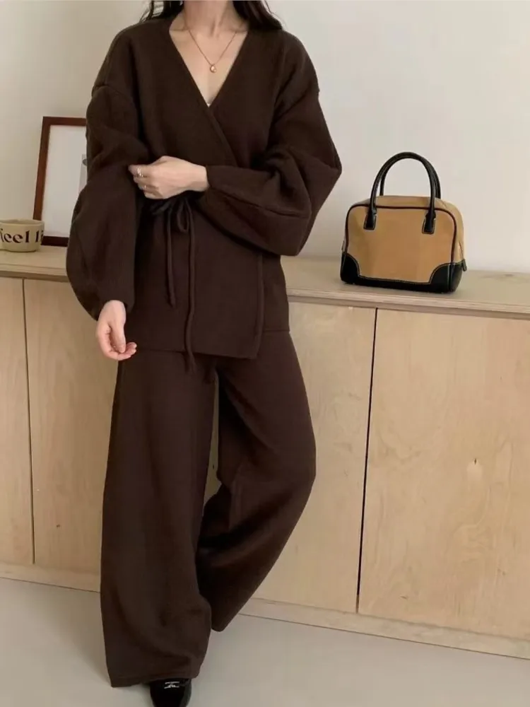 Fashion V-neck Long Sleeve Drawstring Sweater Cardigan And Wide Leg Trousers Casual Women Knitted Two Piece Set Outfits Autumn