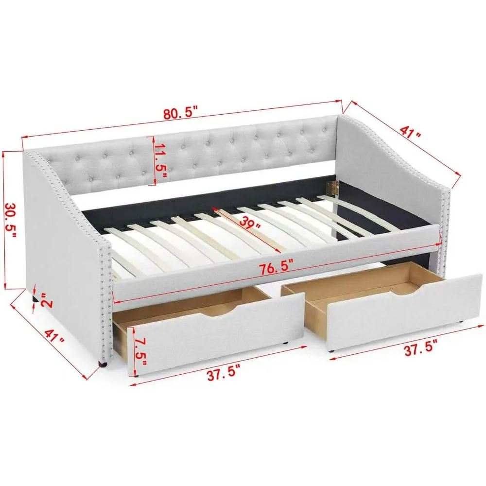 Wood Twin Daybed Frame with 2 Storage Drawers, Upholstered with Button and Nailhead Design for Bedroom Guest Room