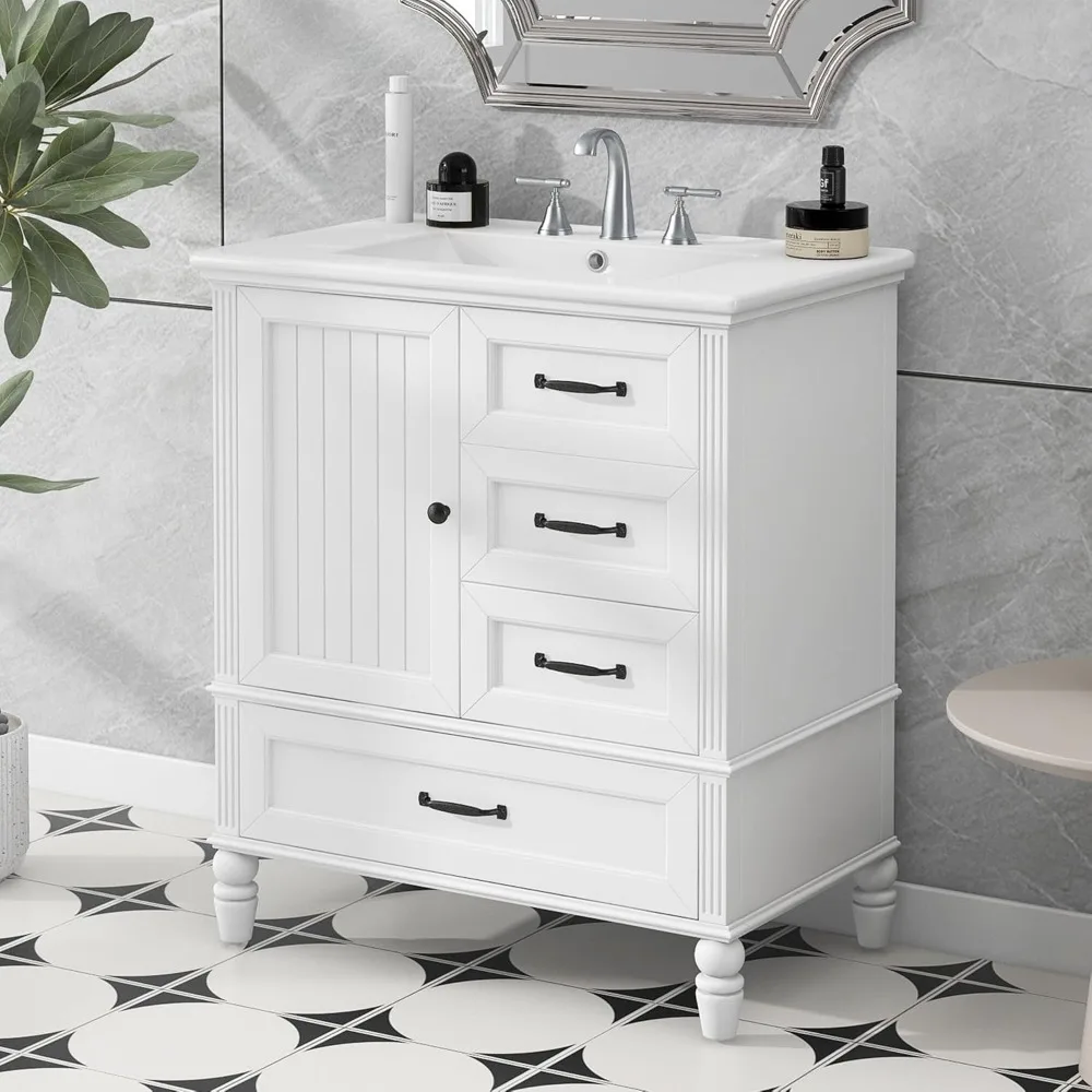 30 Inch Bathroom Vanity with Single Sink, Solid Wood Freestanding Bathroom Storage Cabinet with Ceramic Basin,