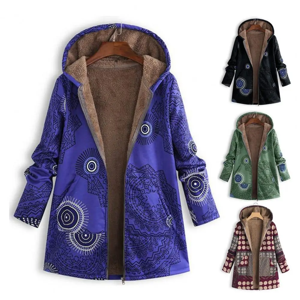 Women Hooded Coat Unique Printing Loose Ladies Coat Vintage Anti-pilling Mid-length Jacket Coat For Winter