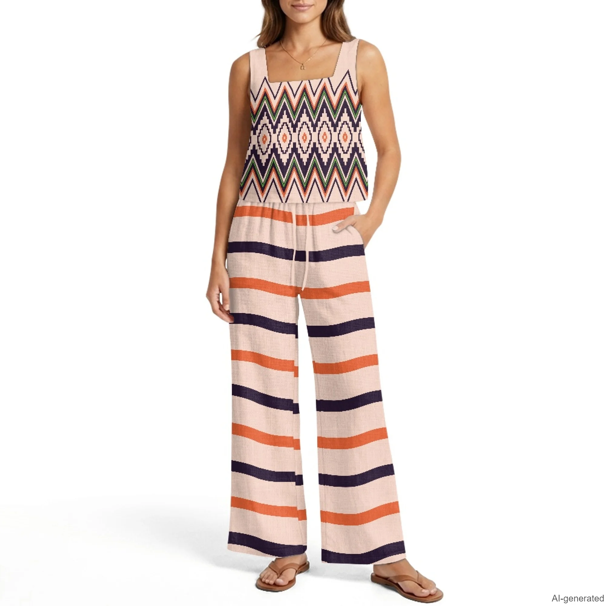 

INSTANTARTS Women's Vest Wide-Leg Pants Linen Suit 2Pc Summer Casual Outfits Stripes Print Sleeveless Vest Wide Leg Pants S-2XL
