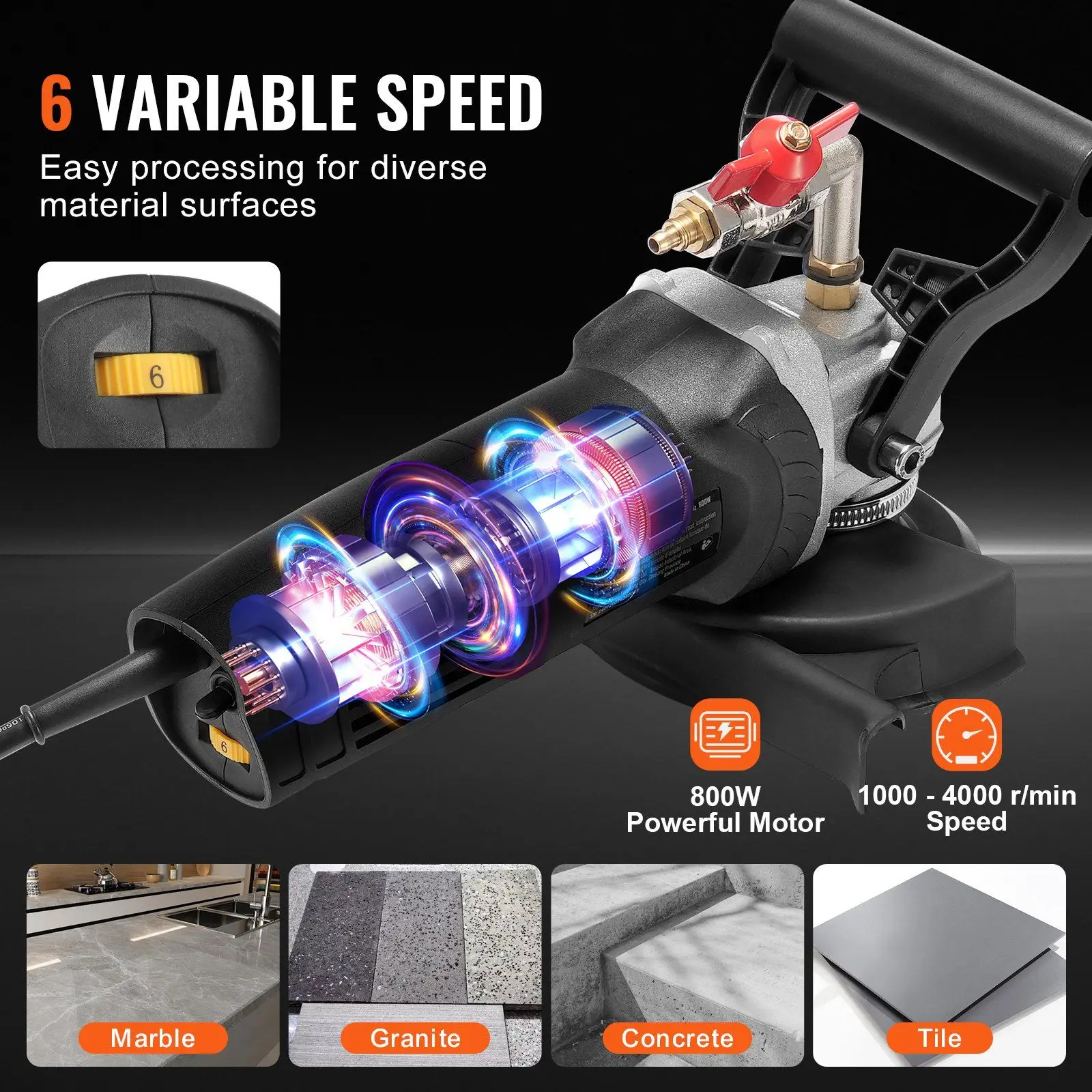

【2026】4-Inch Wet Stone Electric Granite Polisher with Upper Water 800W 6 Speed & 7 Pads for Polishing