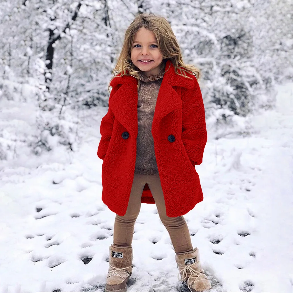 (18M-6T) Children's Long-Sleeved Solid Color Plush Padded Coat Faux Fur Warm Jacket Windproof Winter Solid Coat Thick Warm F8*