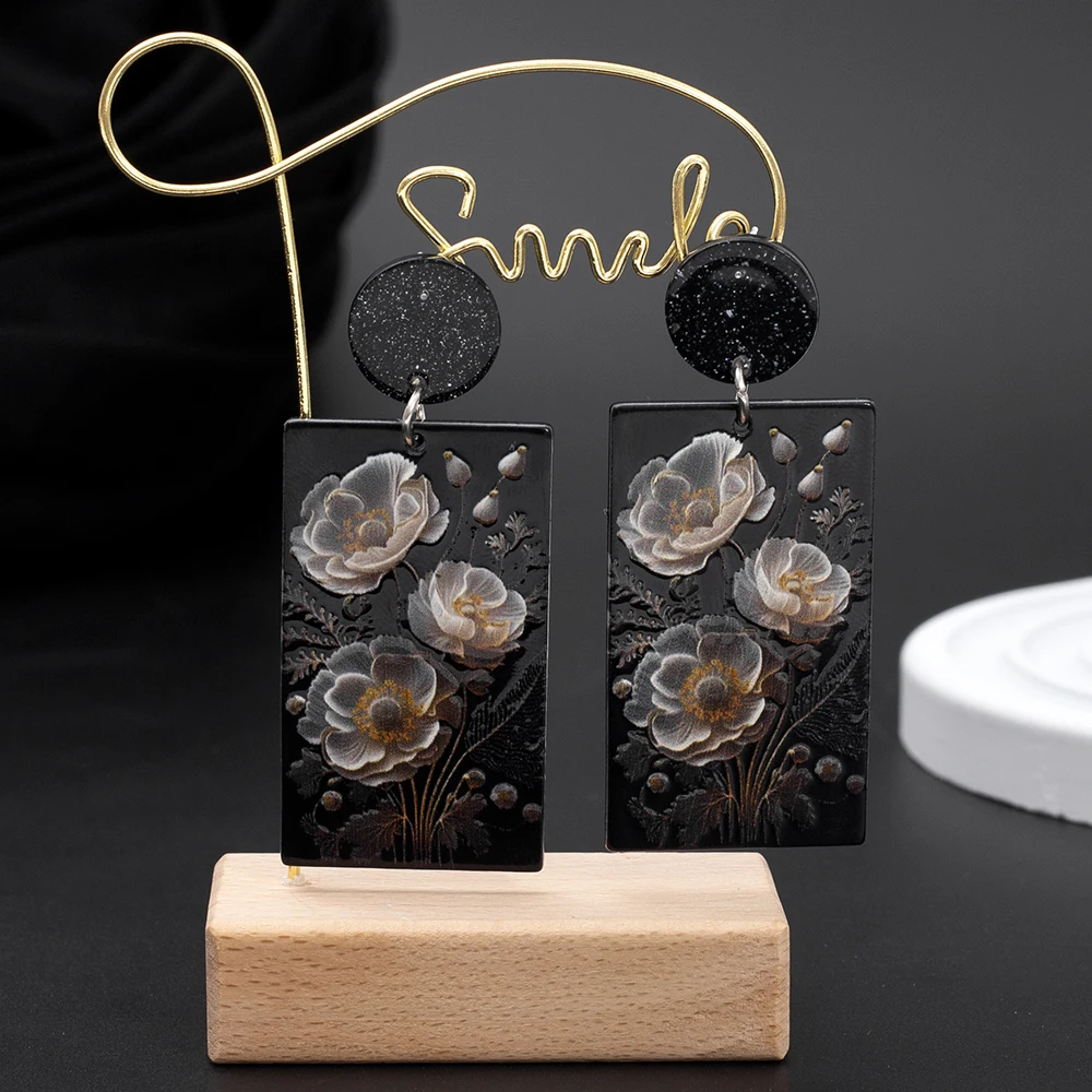 Black Acrylic 3d Print Design White Flower Earrings For Women Vintage Elegant Trends 2026 Lightness Charming Jewelry Party Gift