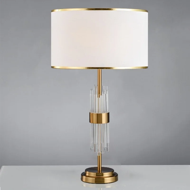 American Transparent Glass Crystal Rod Living Room Table Lamp Iron LED E27 Bedroom Bedside Decoration White Cloth Desk Lighting