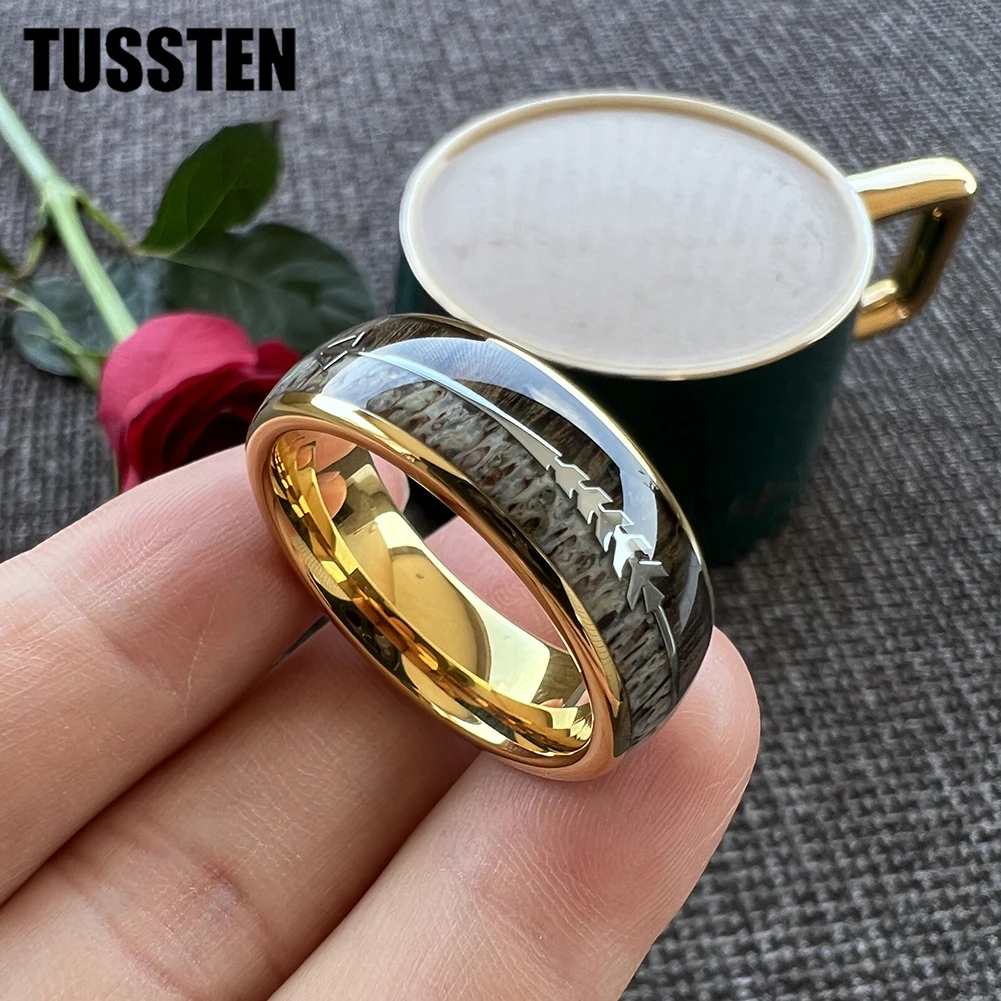 Dropshipping TUSSTEN 6/8MM Arrow Ring Men Women Tungsten Wedding Band With Dear Antler And Zebra Wood Inlay Comfort Fit