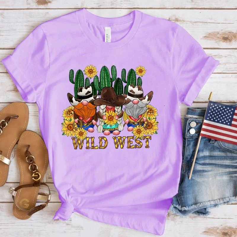 Fashion Sunflower Wild West Gnome Printed T-Shirts Retro Style Women Shirt Tee Female Casual Top Cool Summer Short Sleeve