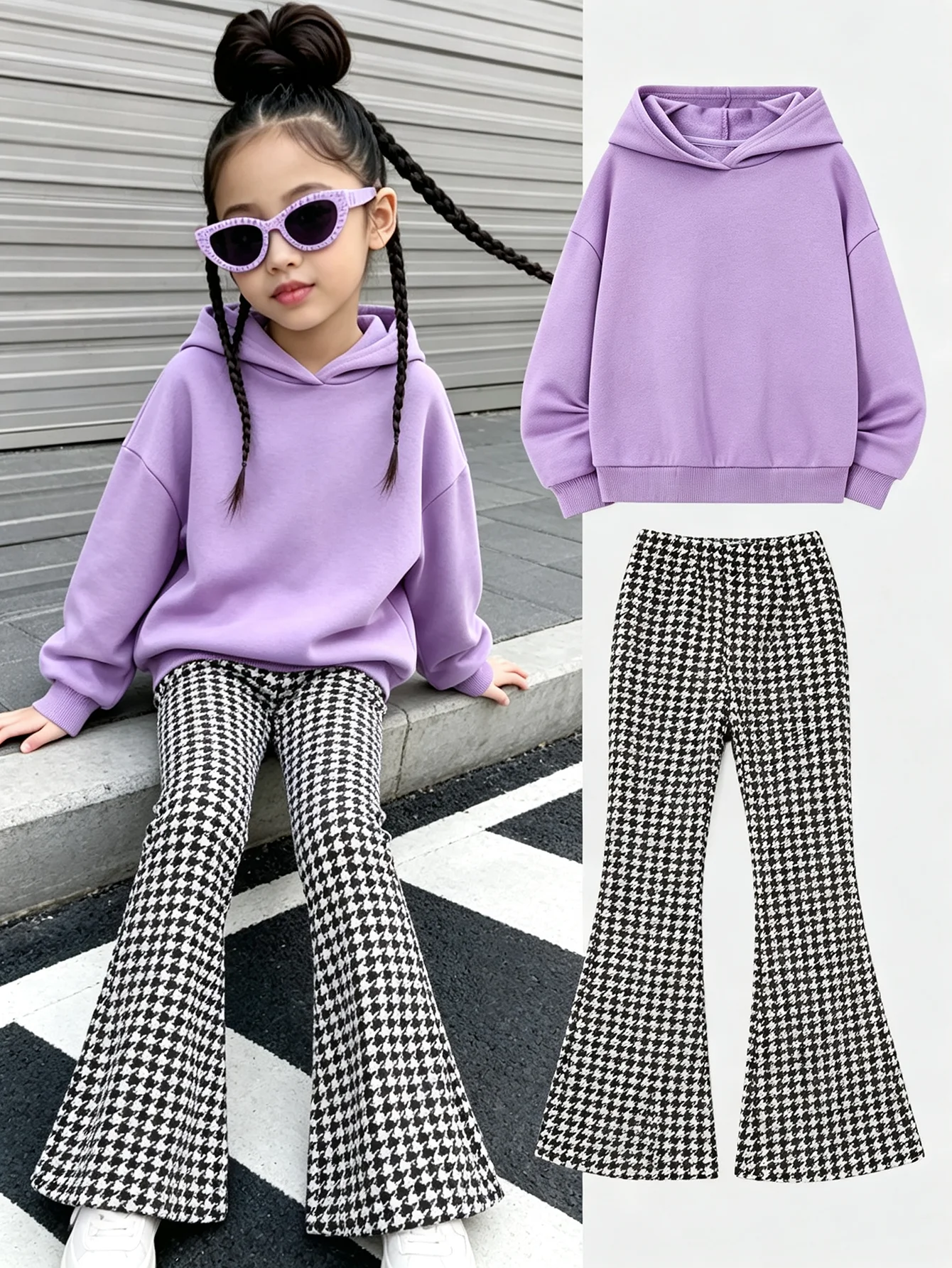 Children's Casual Autumn Solid Color Hooded Long Sleeved Sweatshirt Top with Houndstooth Elastic Waist Pants Clothing Set