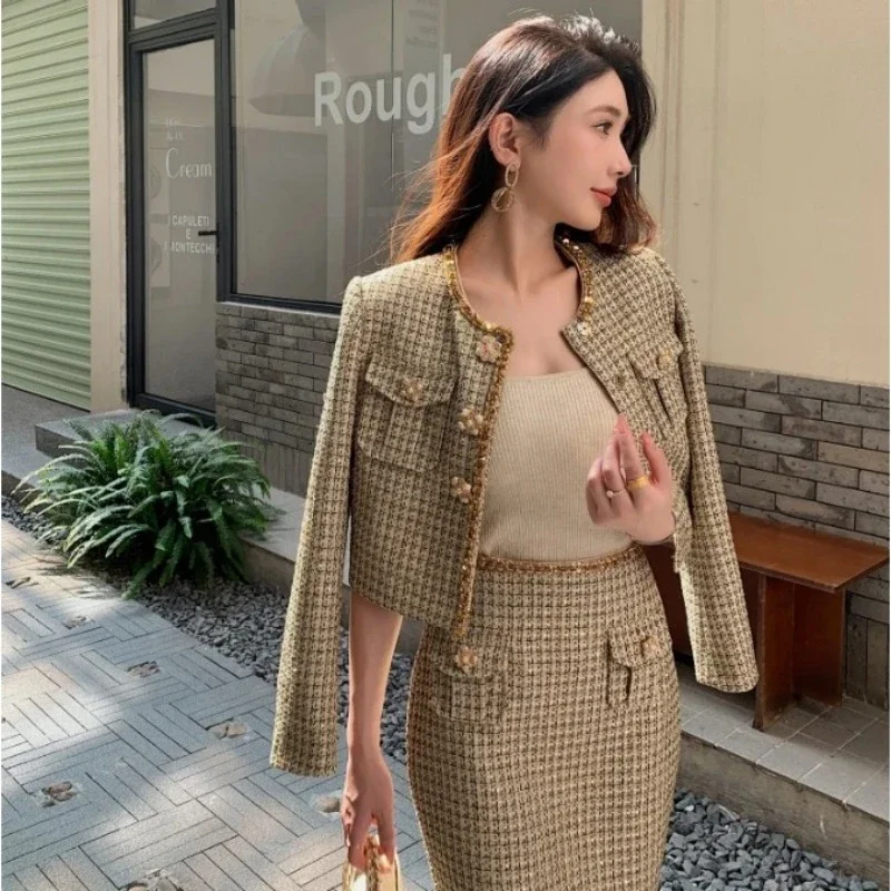 

2024 Fashion French Autumn Winter Plaid Tweed Set Women Beaded Jackets skirts Woolen Woven Coats Tank Straps Sundress Outfits