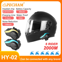 HY-02 Motorcycle Helmet Headphones Intercom for 6 Riders 2000m Speak, Bluetooth 5.3 900mAh & AI Voice Control & IP67 Waterproof