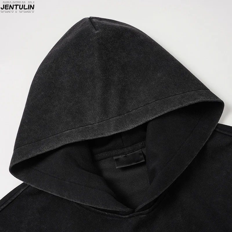 American Washed Color Blocked Patchwork Hooded Sweatshirt With Irregular Frayed Edges Loose Fitting Hoodie For Both Men Women