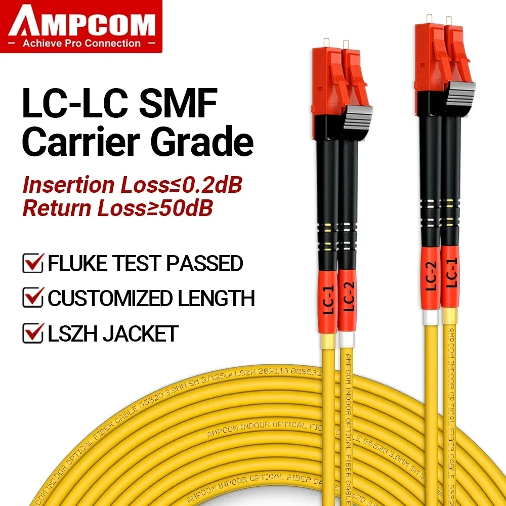 AMPCOM LC a LC UPC Fibra óptica, cable de conexión dúplex monomodo SMF 9/125μm Cable de fibra óptica insensible de 3,0 mm con curva monomodo