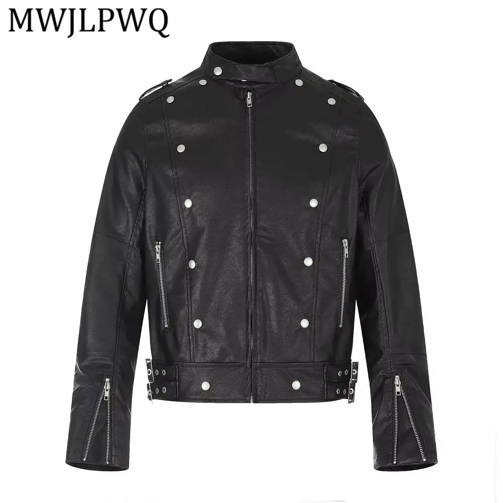 MWJLPWQ Faux Leather Stand Moto Jacket Silver Metal Snap Button Multi Zipper Pocket Waist Adjust Strap Men Punk Short Tops 17056
