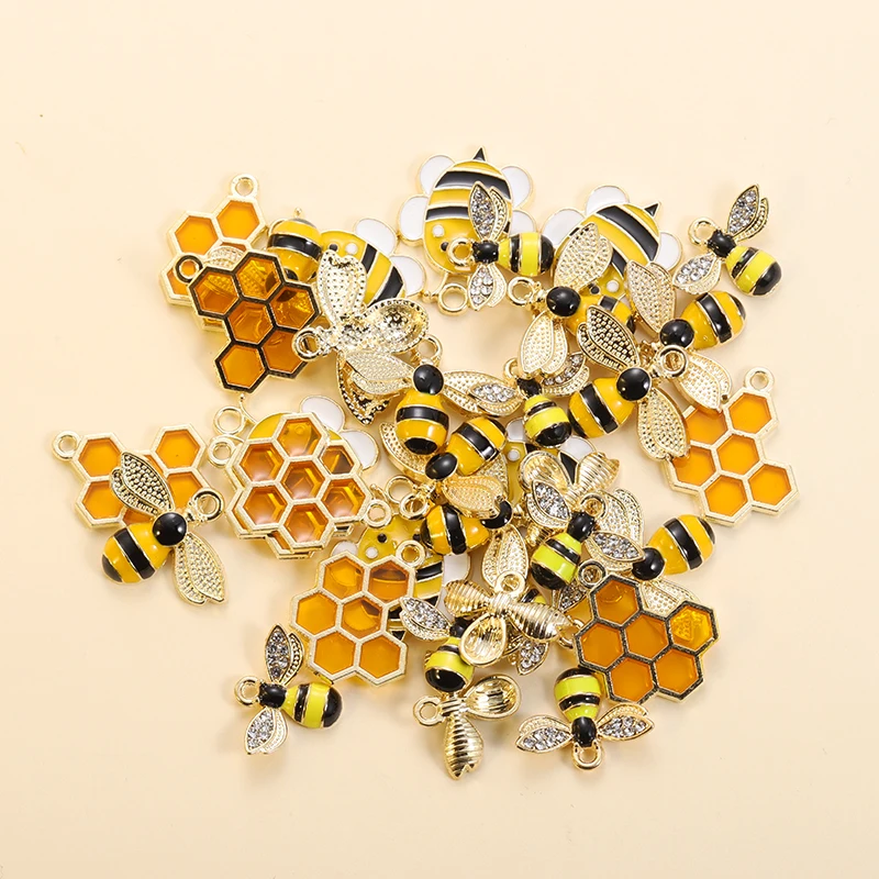 10Pcs Cute Enamel Bee Honeycomb Charms For DIY Jewelry Making Earrings Pendants Necklaces Bracelets Handmade Gift Accessories