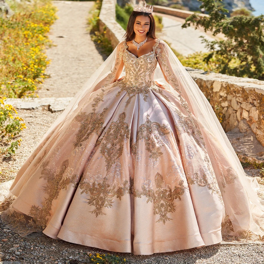 Lorencia Pink Quinceanera Dresses Gold Embroidered Appliques Lace Sweet 16 Dresses Princess Party Gown vestidos de 15 años YQD34