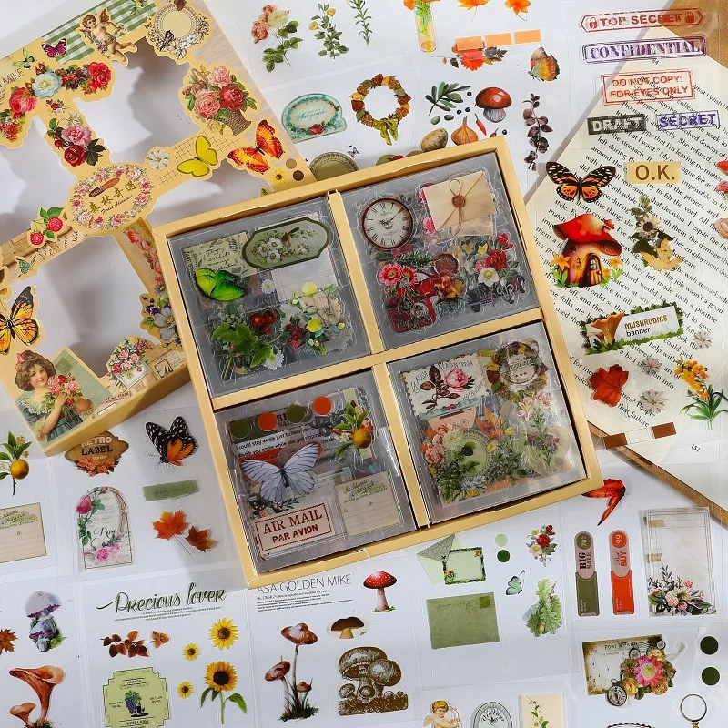 100 Sheets of Non-repeating Boxed Stickers Retro Floral Creative Pet Waterproof Transparent Decorative Stickers