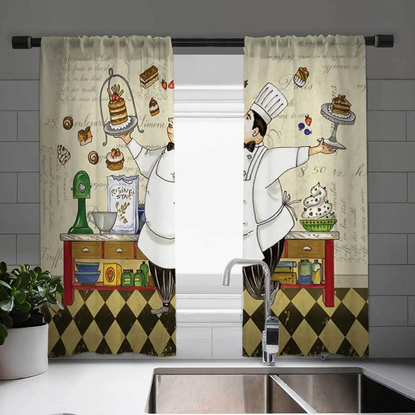 Elegant Kitchen Chef Cafe Print Curtain Charming European Diner Design Vintage Style Window Decor for Kitchen Farmhouse Window