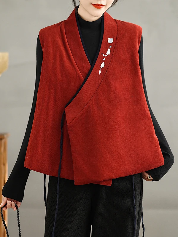 New 2025 Autumn Winter Loose Fit Embroidered Belted Chinese Sle Retro Corduroy Vest Large Size Women's Han Su Can oulder