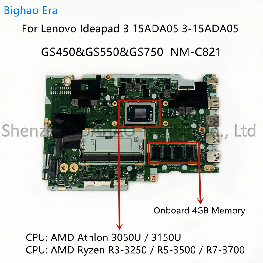 NM-C821 For Lenovo Ideapad 3 15ADA05 3-15ADA05 Laptop Motherboard With YM3050 R3-3250 R5-3500 R7-3700 CPU 4GB-RAM Fru:5B20S44375