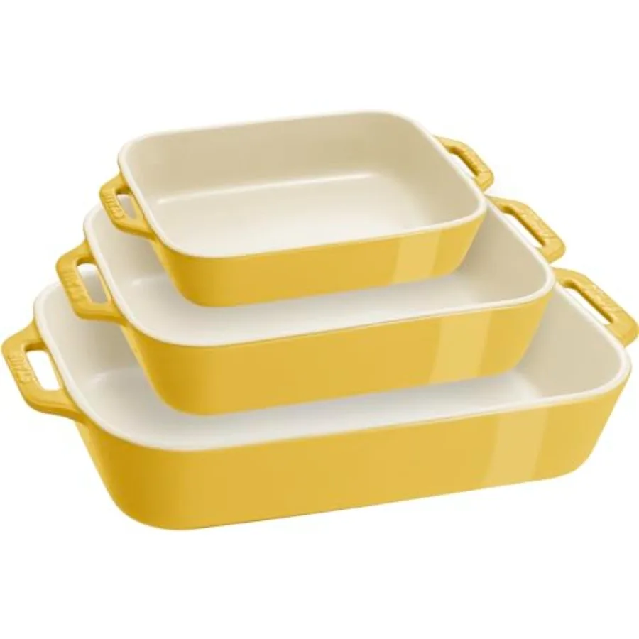 3-Pc Ceramic Baking Dish Set for oven use up to 570F, yellow, scratch-resistant and even-heating
