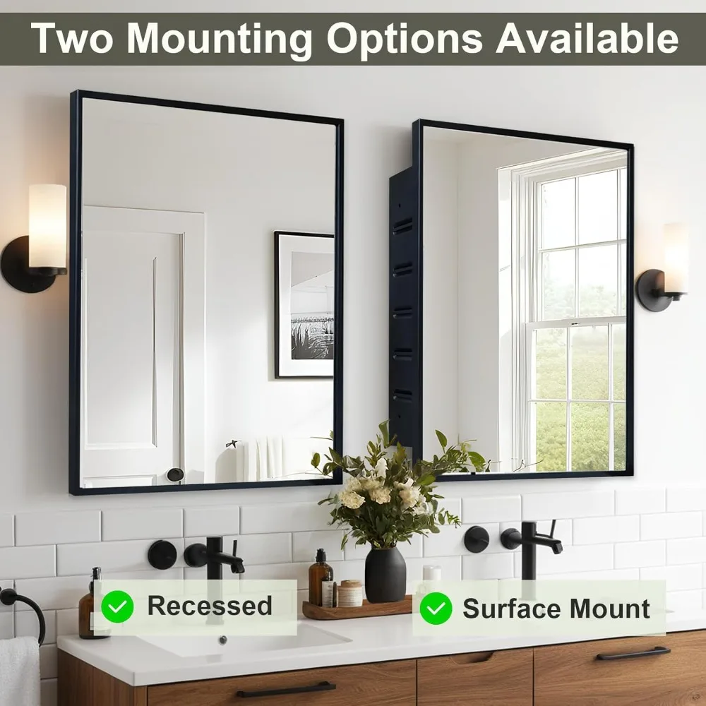 Black bathroom mirror with storage space, farmhouse frame wall mirror embedded or surface mounted, 16x24 inches