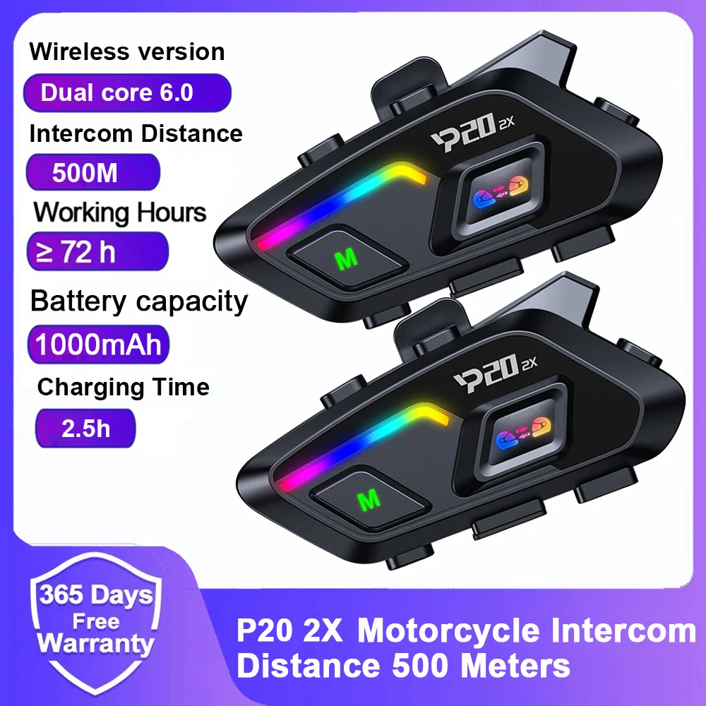 

1/2Pcs P20 2X Motorcycle Helmet Intercom Bluetooth Headset Long Standby 1000mAh MP3 Player Waterproof Hands-free Interphone
