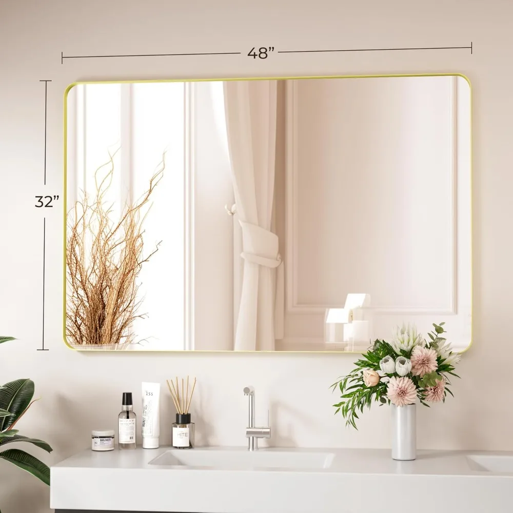 

HOME - Gold Bathroom Mirror 48X32 Inch Bathroom Vanity Mirror for Wall, Metal Frame Large Mirror, Tempered Glass,