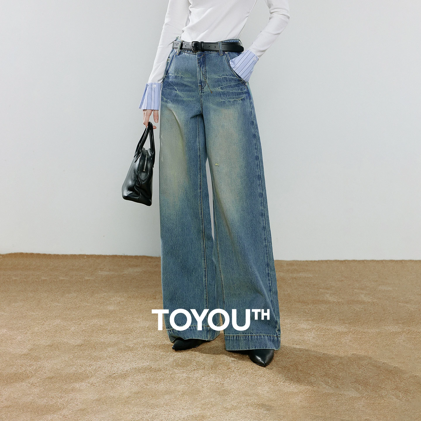 TOYOUTH Women Focus Denim 2026 Spring New Vintage Light Blue Faded Pleated Distressed Cotton Wide-Leg Pants