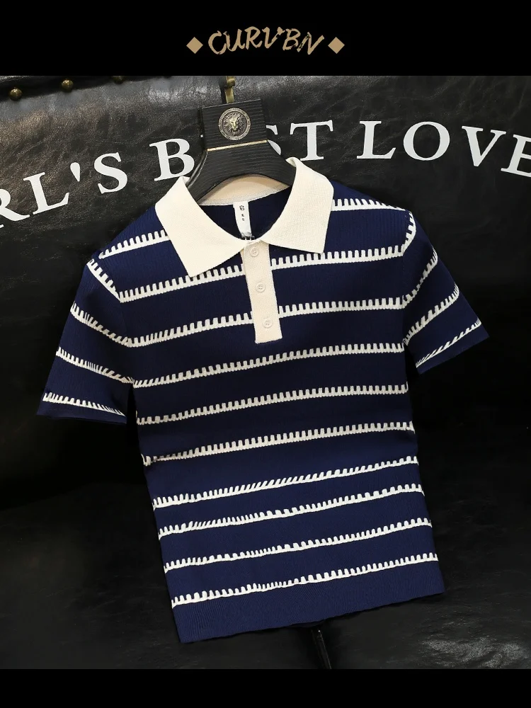 

Retro American Striped ort Sve Knitted Sweater Men's Slim Fit Korean Sle Breathable Faion Urban Sle Polyester Blend