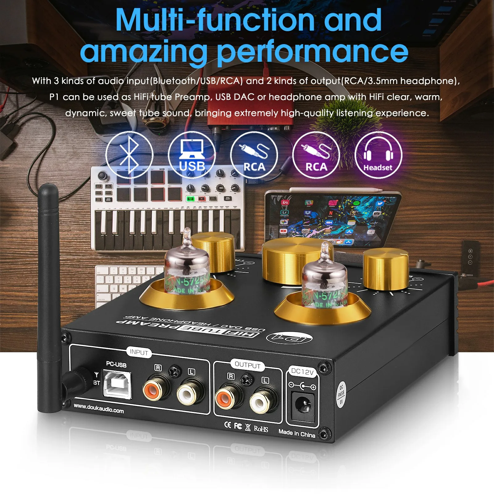 Nobsound P1 HiFi Bluetooth 5.0 JAN5725 Valve Tube Preamp Bass Preamplifier Stereo Audio Headphone Amplifier USB DAC APTX