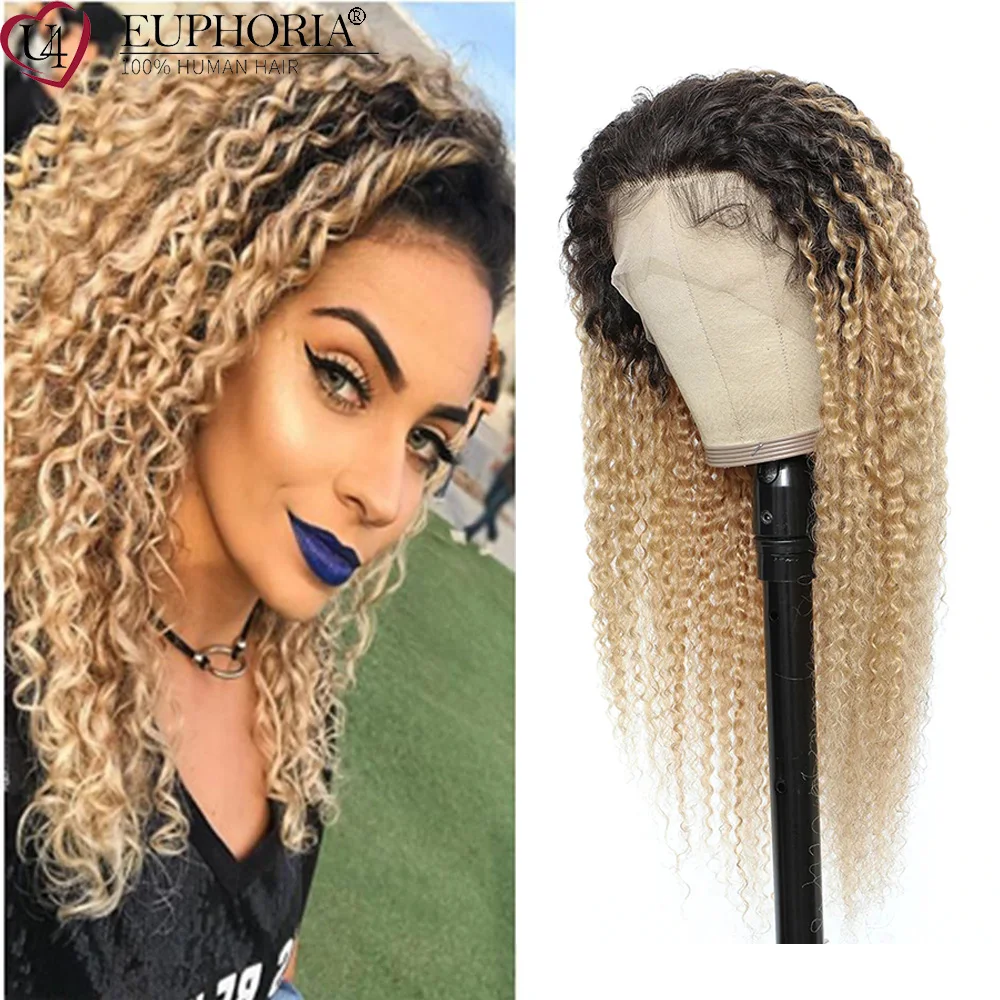 T1B/27 Brazilian Human Hair Kinky Curly Lace Front Wig 4x4/13x4 Lace Available Ombre Blonde Lace Frontal Wigs Pre Pluck EUPHORIA