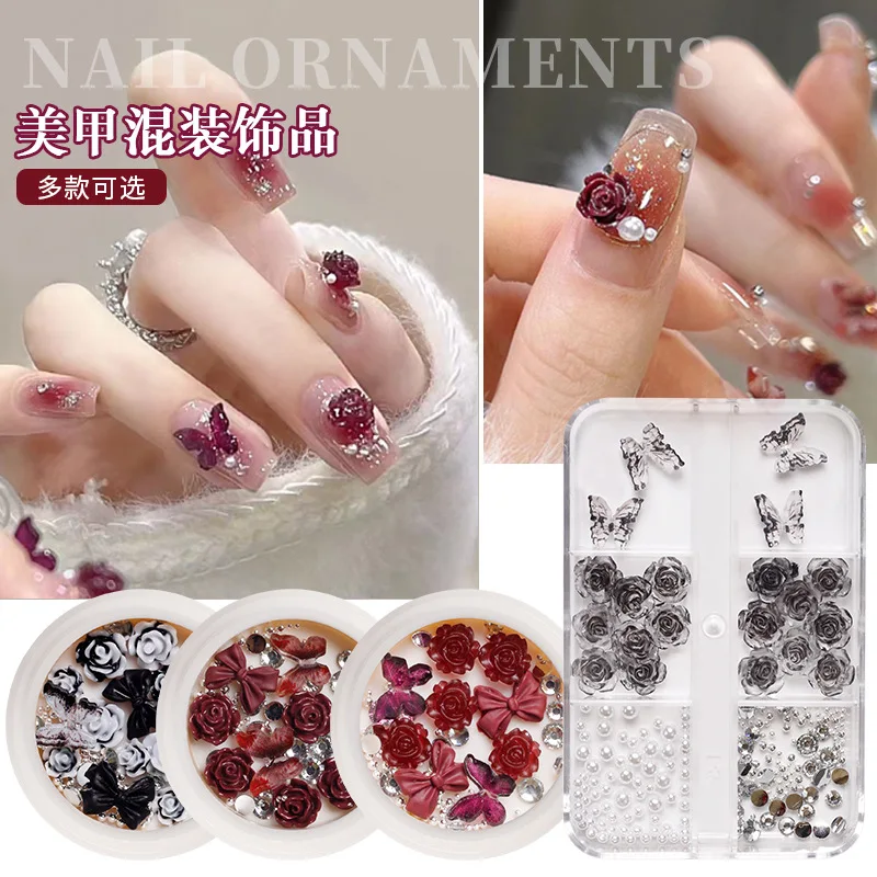 

Manicure New Retro Jewelry, Black Plum Sauce, Camellia Jewelry, Bow Tie, Pearl Nail Drill Jewelry Set