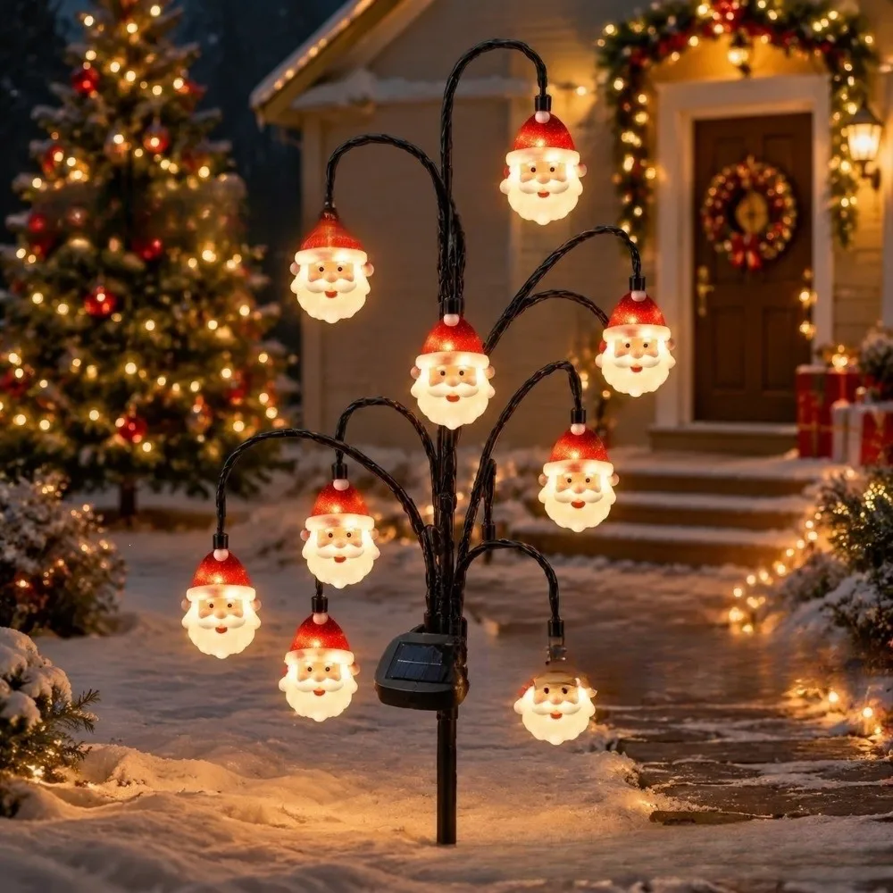 Solar Powered Santa Claus Ground Stake Lights Auto-On Weatherproof Christmas Solar Tree Stake Lights Eco-Friendly PET