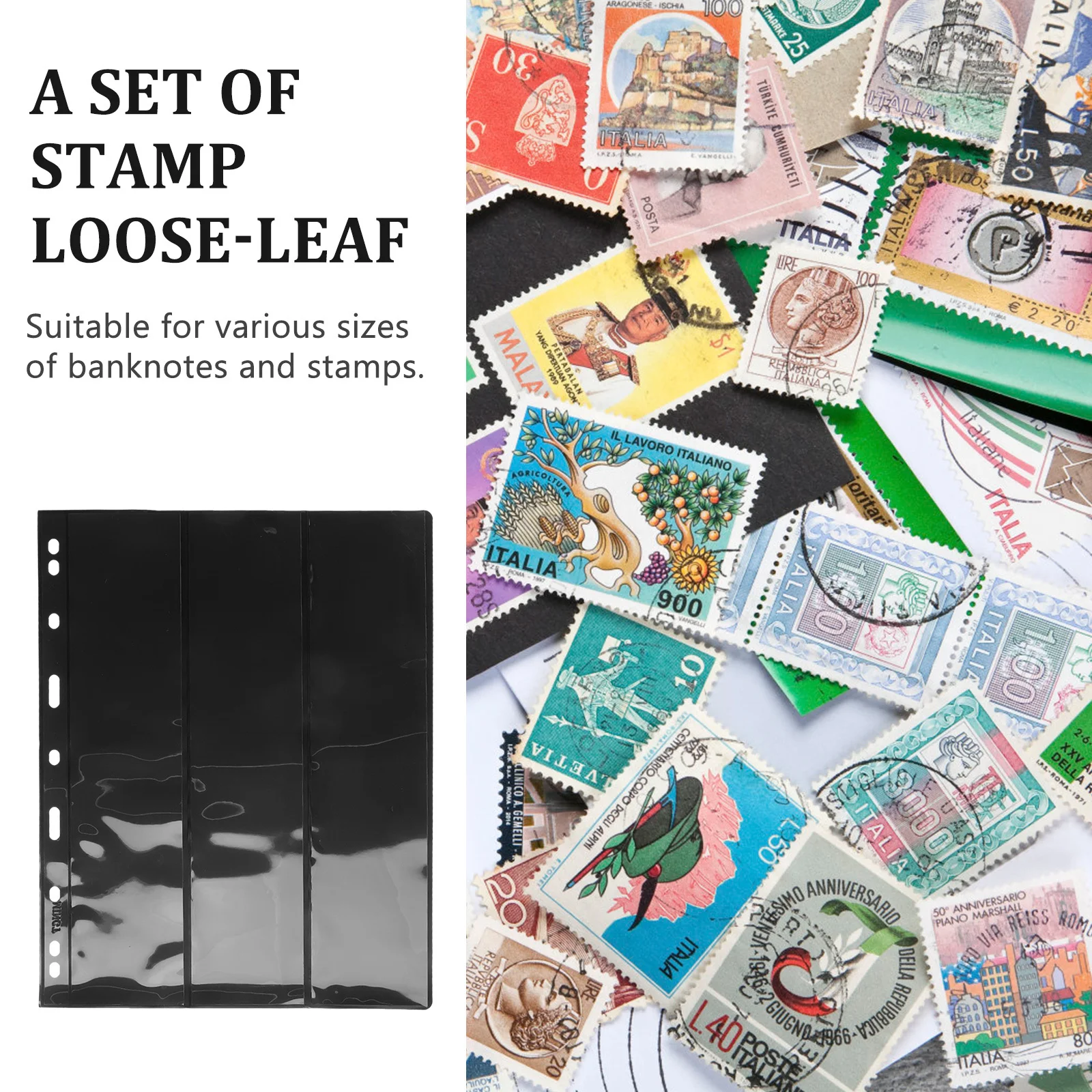 10pcs Album Pages Black Background 3-Slot Pet Sleeves For Stamp Collecting Organizing Display Stamp Storage Sheet Scrapbook