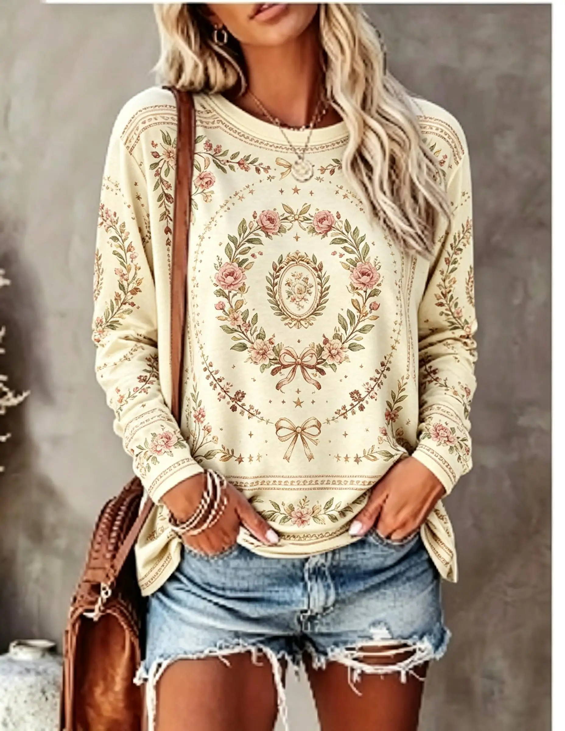 Women Crew Neck Long Sleeve T‑Shirt, Vintage Mystic Rose Compass Geometric Frame Print Casual Loose Pullover Tops