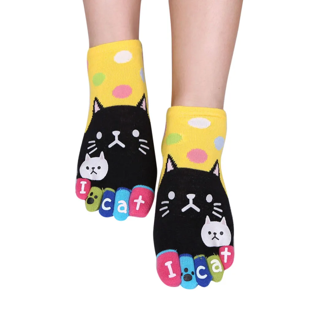 Women Letter Cute Cats Patchwork Dot Multicolor Cotton Kawaii Socks Funny Five Finger Socks For Chrismas Gift calcetines mujer