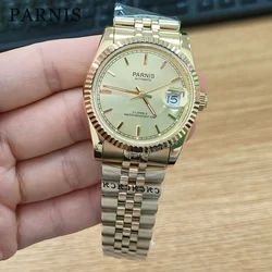 Parnis 36mm Gold Color Luminous Mark Automatic Men's Wristwatch 5 ATM Stainless Steel Jubilee Bracelet