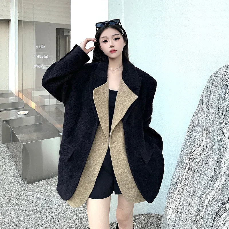 

Insozkdg British Style Black Thickened Woolen Suit Jacket Women's Autumn Winter High-end Sense Loose Contrast Color Woolen Coat