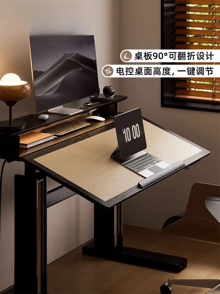 Medieval style electric lifting table automatic folding adult learning computer table bedroom home study solid wood workbench