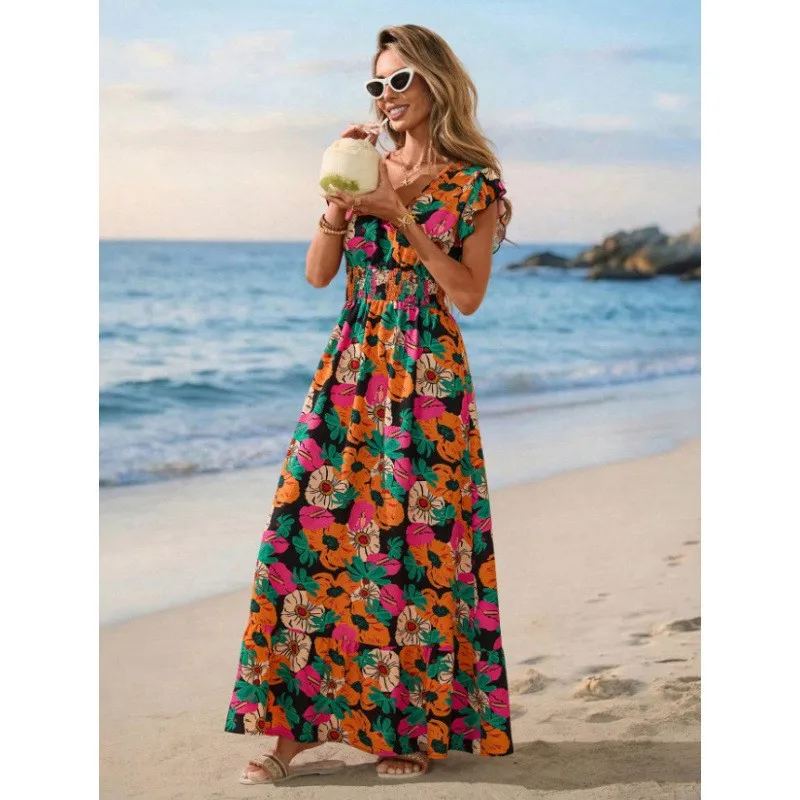 Women's Dress Floral Print V Neck A Line Dresses Short Sleeve High Waist Maxi Dress Ruffle Hem Flutter Sleeve Summer Dress