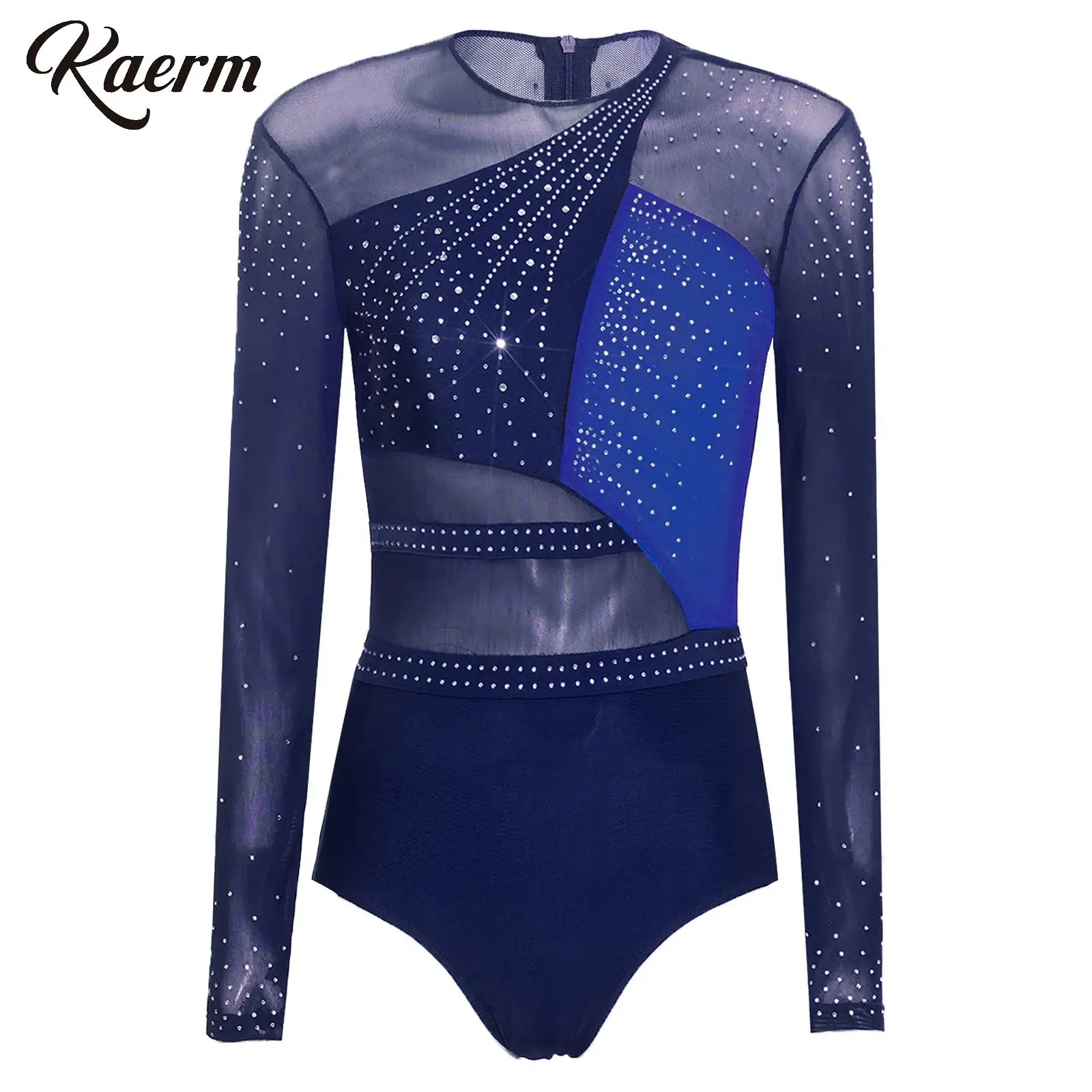 

Women Gymnastics Artistic Figure Skating Jumpsuit Sheer Mesh Long Sleeve Color Block Bodysuit Rhinestones Ballet Dance Leotards