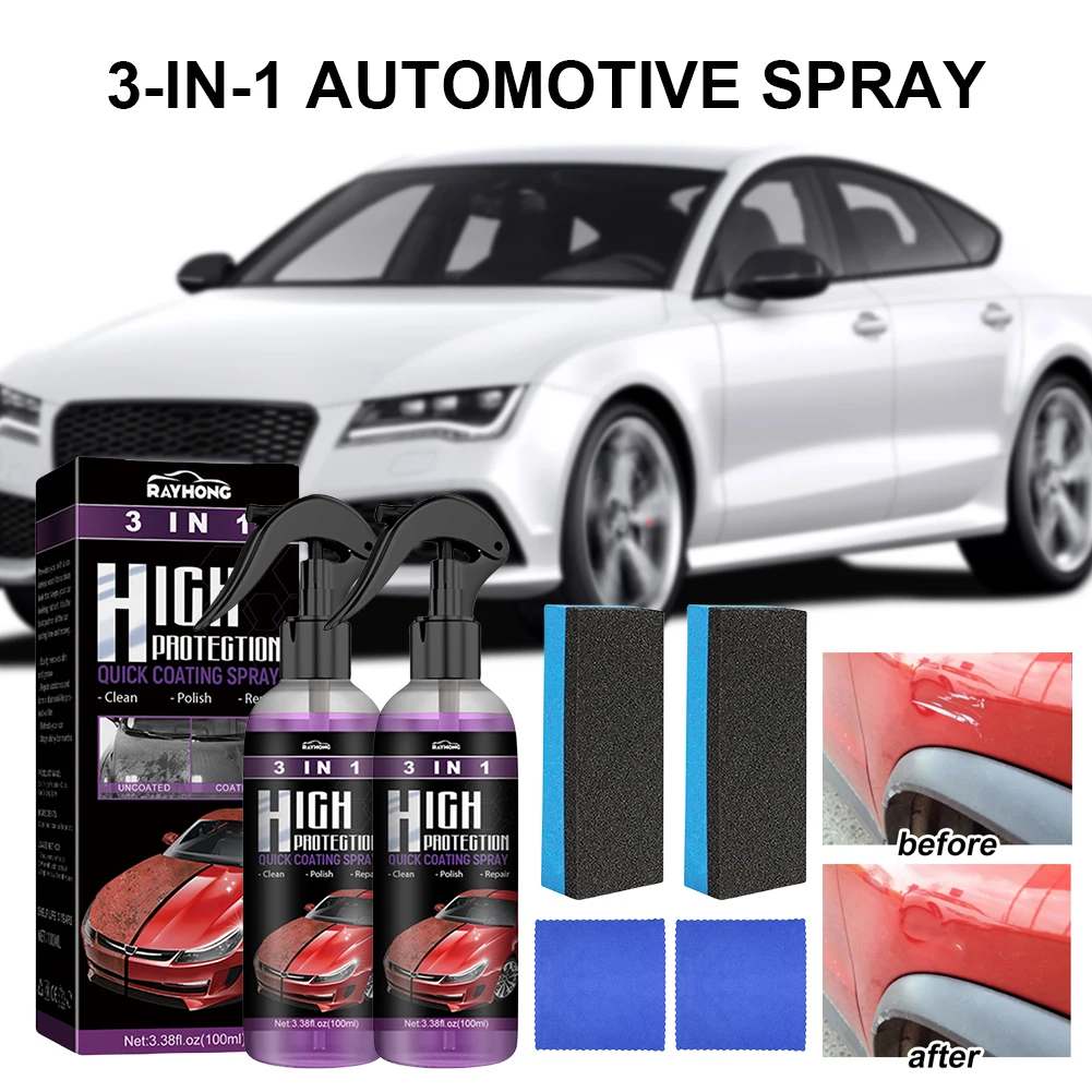 Cera de pulido 3 en 1 para coche, Spray de revestimiento cerámico para reparación de arañazos de coche, revestimiento hidrofóbico de vidrio, cuidado de pintura, 2 juegos, 100ml