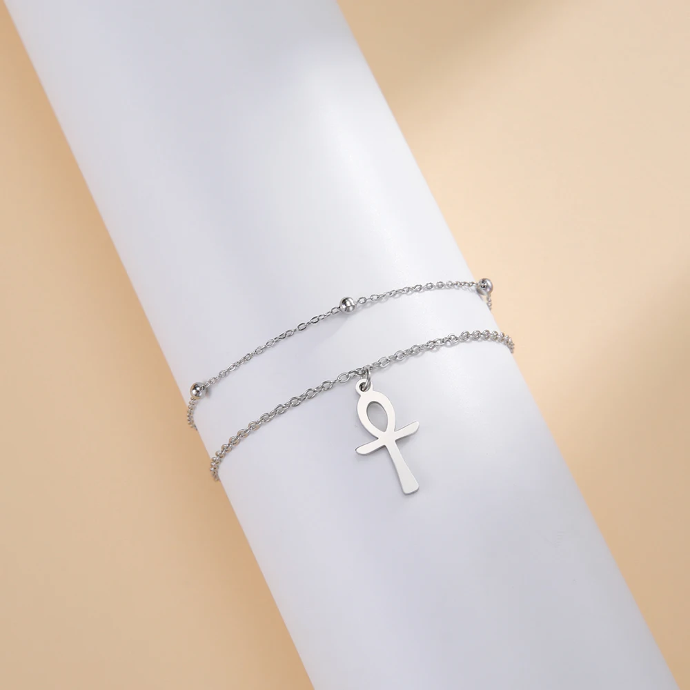 Dawapara Ankh Cross Ankle Bracelet Religious Egyptian Key of Life Cross Bracelet for Men Women Stainless Steel Jewelry