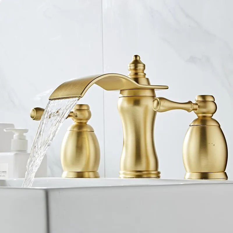 Tuqiu Brushed Gold Bathroom Basin Faucet Hot Cold Rose Gold lWater Faucet Widespread Sink Mixers Tap Deck Mount Wash Tub Fauctes