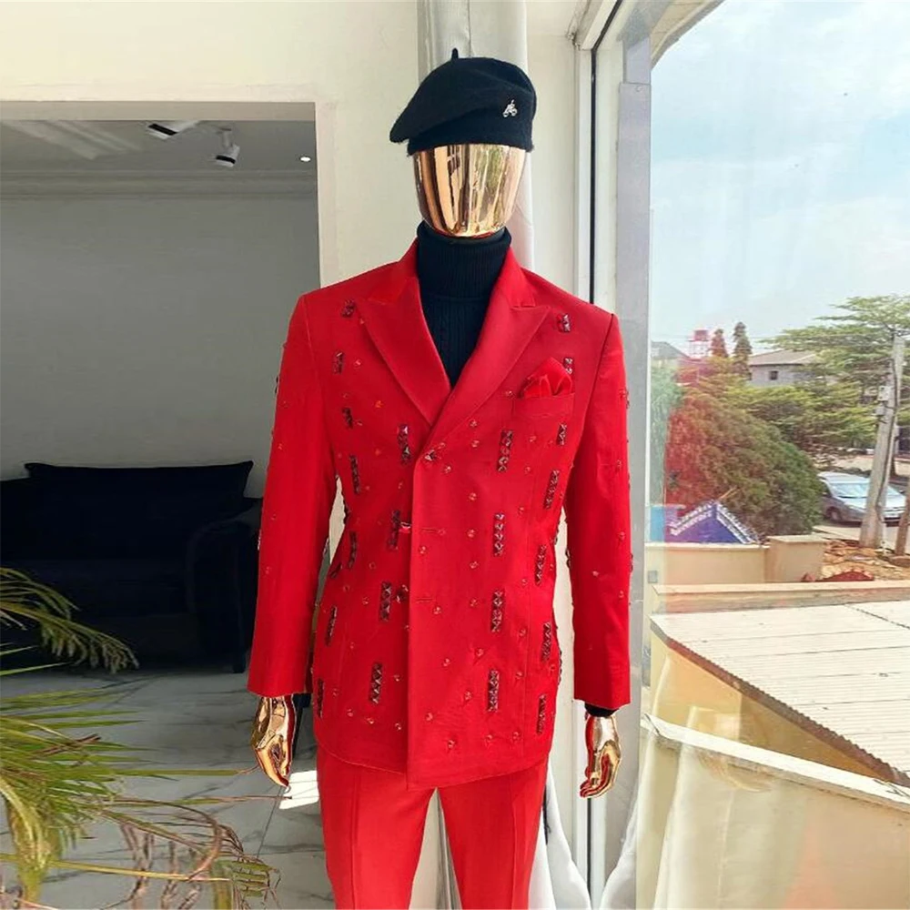 

Red Diamonds Beaded Suits Men For Wedding Luxury Double Breasted Blazer Pants 2 Pieces Groom Wear Tuxedos Tailore Made Clothing