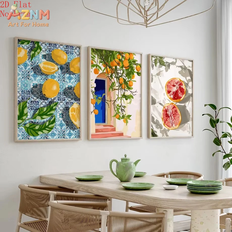 3pcs Garden Lemon Fruit Flower Plants Abstract Illustration Posters Prints Canvas Poster Wall Art Pictures For Living Room Decor