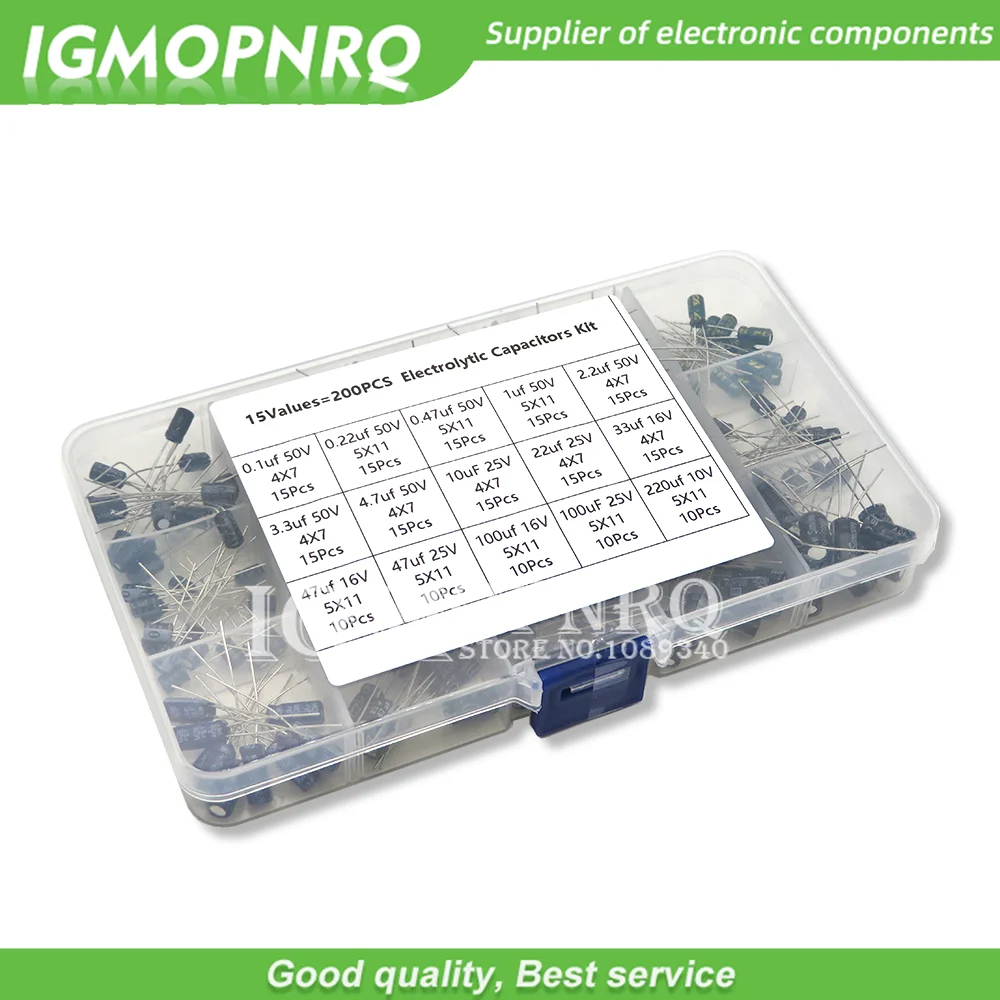 15 values 200pcs Electrolytic Capacitor Organization Storage 0.1-220uF Capacitors Assortment Box Kit igmopnrq