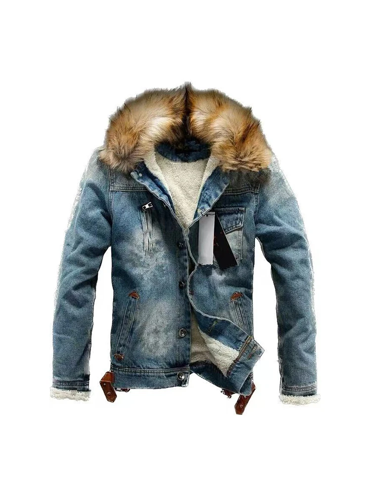 6XL Winter Thicken Warm Men's Denim Jakcet Casual Jacket Coat Fleece Vintage Oversized Fur Collar Men Jackets Clothing