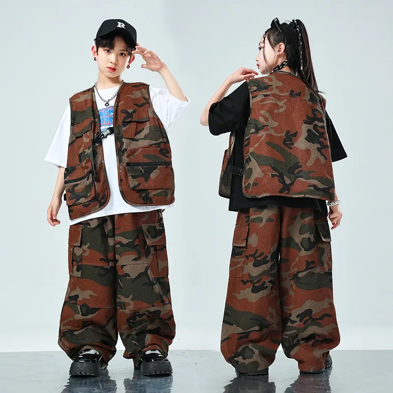 

Kids Boys Girls Hip Hop Camouflage Vest Cargo Pants Sets Children Stage Fashion Show Performance Clothing Costume Tracksuits